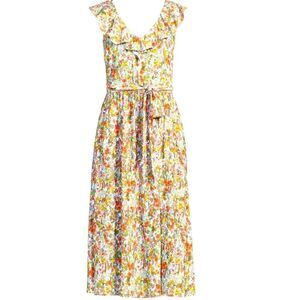 Land's End Dress midi lightweight ruffled collar brown white orange yellow small